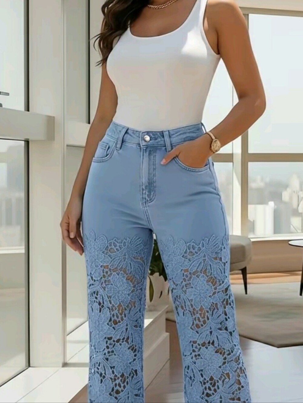 Light Blue Lace-Panel Wide Leg Women’s Jeans. Item Is New Without Tag
